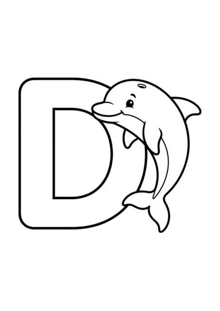 Grande lettre D majuscule parfaitement lisible avec un dauphin simple, pour une activité d’alphabet préscolaire.