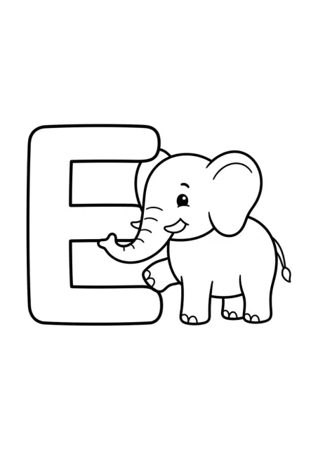 Grande lettre E majuscule parfaitement lisible avec un éléphant simple, sans mot écrit.