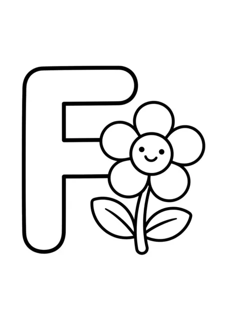 Grande lettre F majuscule accompagnée d’une fleur simple pour apprendre l’alphabet