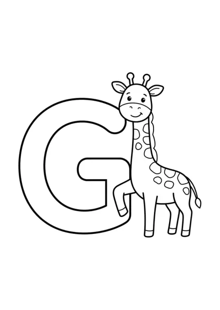 Grande lettre G majuscule parfaitement lisible accompagnée d’une girafe simple, sans le mot Girafe dessiné.