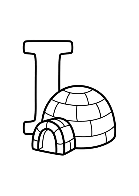 Coloriage avec la lettre I en Français et Igloo en dessin au trait noir et blanc