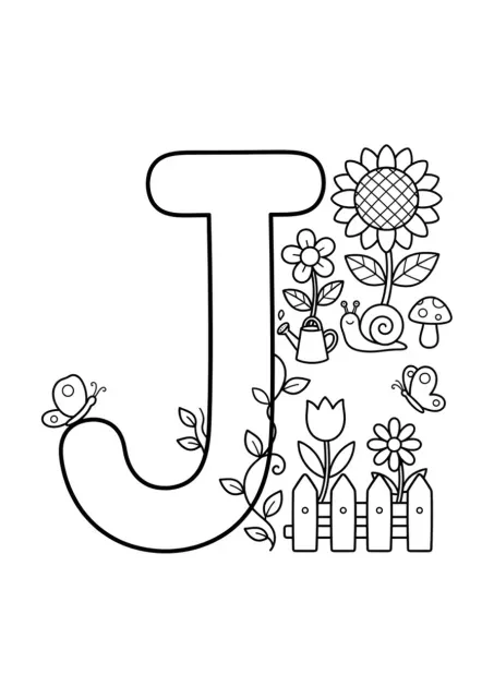 Grande lettre J nette et parfaitement lisible avec un jardin très simple, sans mot écrit dans l’image.