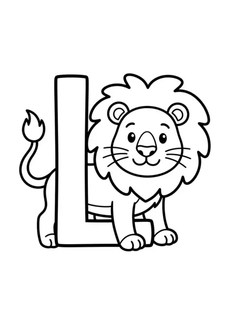Coloriage avec la lettre L en Français et Lion en dessin au trait noir et blanc