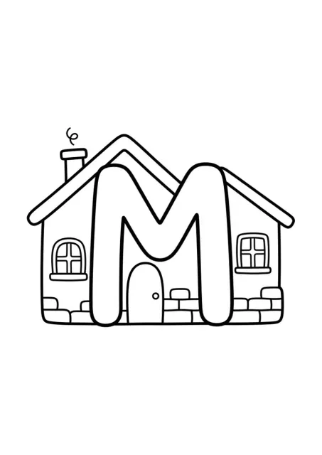 Grande lettre M majuscule parfaitement lisible à côté d’une maison simple pour une activité de coloriage.