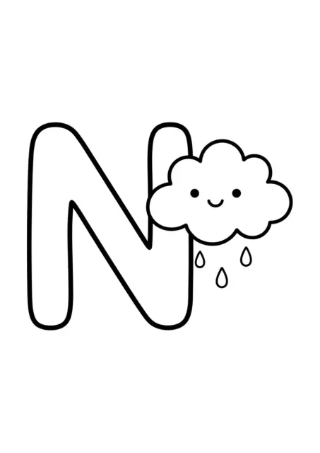 Illustration d’apprentissage avec une grande lettre N majuscule et un nuage simple, sans mot écrit.