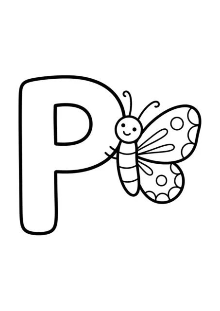 Grande lettre P parfaitement lisible avec un papillon simple à côté, sans mot écrit.