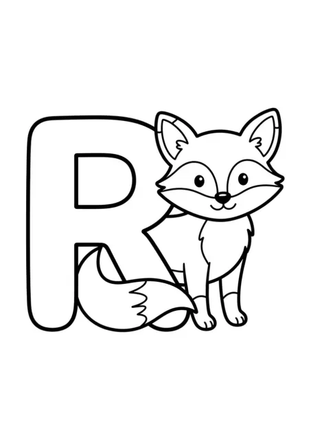 Grande lettre R majuscule accompagnée d’un renard simple, sans mot écrit.