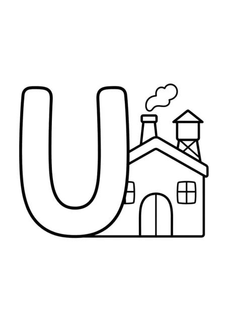 Grande lettre majuscule U clairement formée à côté d’une petite usine simple pour une activité préscolaire.