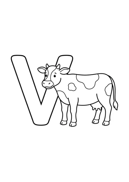 Grande lettre V parfaitement lisible accompagnée d’une vache simple pour une activité de coloriage préscolaire.