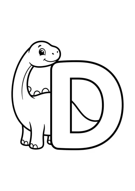 Lembar mewarnai prasekolah dengan huruf D besar yang mudah dibaca dan satu dinosaurus sederhana