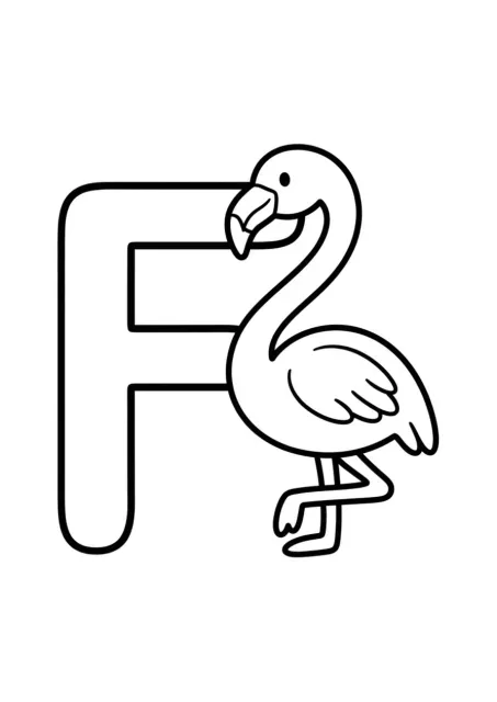 Huruf kapital F yang besar dan jelas di samping satu burung flamingo sederhana dalam gambar garis rapi untuk anak prasekolah.