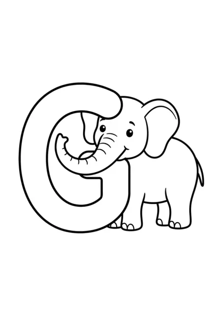 Huruf besar G yang jelas dan mudah dibaca dengan satu gajah sederhana dalam gambar garis hitam putih.