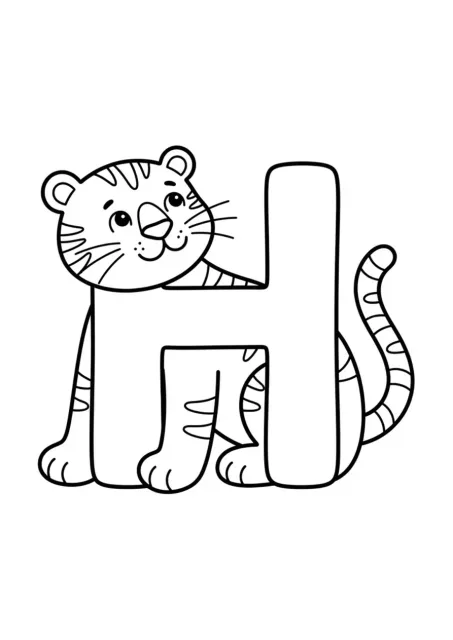 Huruf besar H yang jelas dan mudah dibaca di samping satu harimau sederhana untuk anak prasekolah