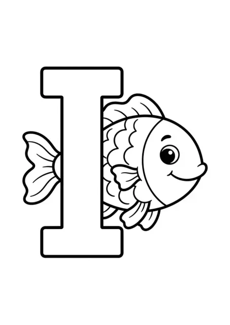 Huruf besar I yang jelas dan rapi dengan satu ikan sederhana untuk kegiatan belajar alfabet anak.