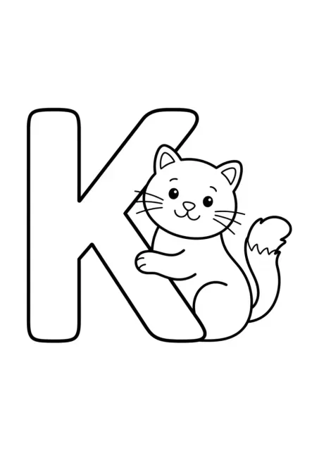 Huruf K besar dan mudah dibaca berdampingan dengan satu kucing sederhana untuk kegiatan belajar prasekolah.
