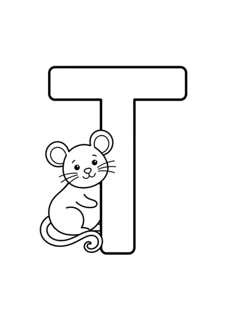 Huruf kapital T besar dan jelas dengan satu tikus sederhana di sampingnya untuk latihan prasekolah.