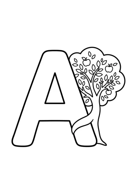 Grande lettera A maiuscola ben leggibile accanto a un albero semplice, senza parola di esempio disegnata.