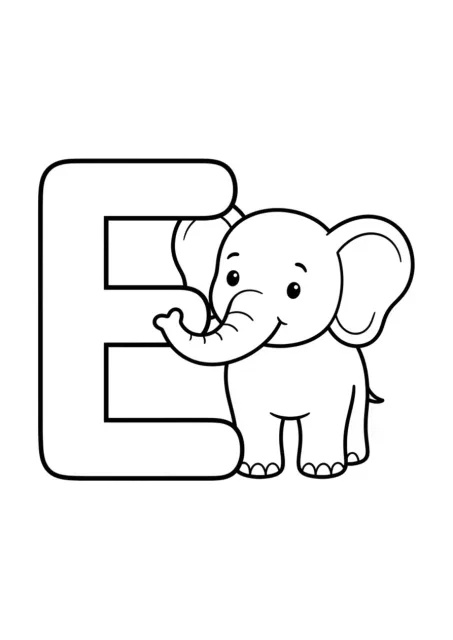 Grande lettera E maiuscola ben leggibile con un elefante semplice in stile prescolare.