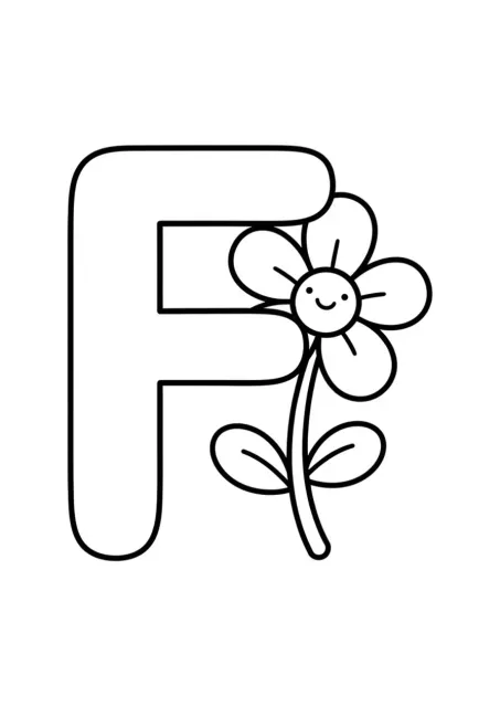 Scheda prescolare con una grande lettera F ben leggibile e un fiore semplice.