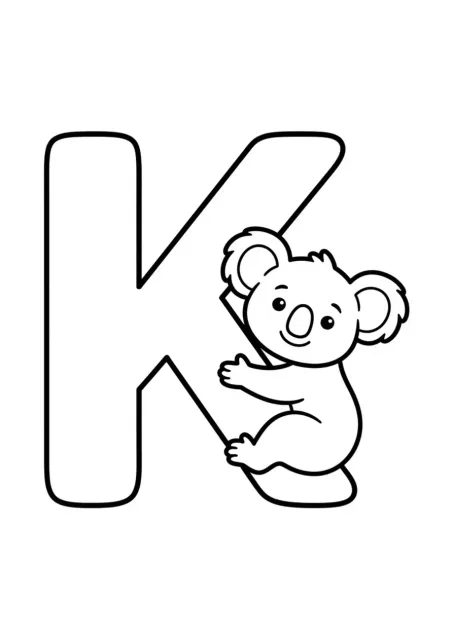 Grande lettera maiuscola K con un semplice koala in line art per bambini in età prescolare.