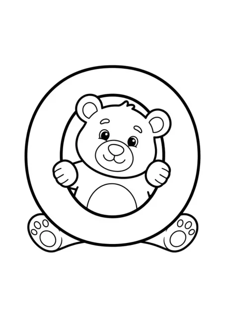 Disegno prescolare da colorare con una grande lettera O perfettamente leggibile e un orso semplice, senza la parola Orso