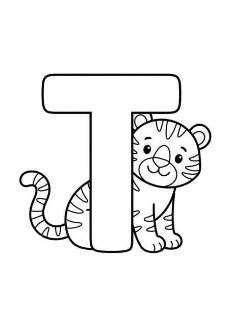 Grande lettera T maiuscola con una tigre semplice in un disegno al tratto pulito per bambini piccoli.