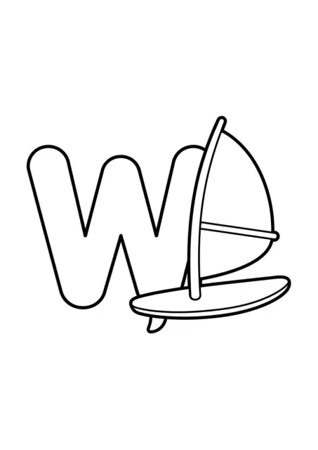 Grande lettera W perfettamente leggibile con una semplice tavola da windsurf per bambini in età prescolare