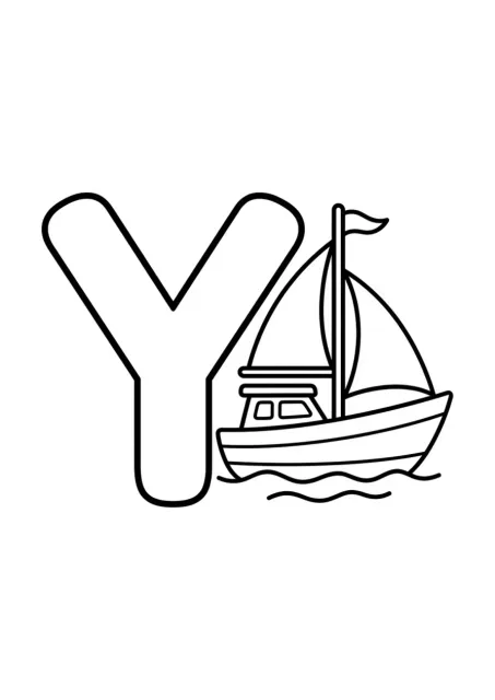 Grande lettera maiuscola Y accanto a un semplice yacht in disegno lineare per bambini