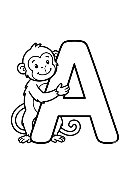 Kleurplaat voor kleuters met een grote goed leesbare hoofdletter A en één eenvoudige aap, zonder het woord Aap.