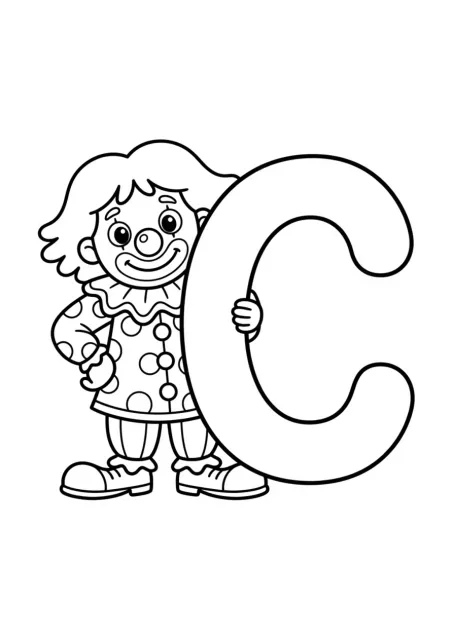 Grote, duidelijk leesbare hoofdletter C naast één eenvoudige clown in zwart-witte lijntekening.