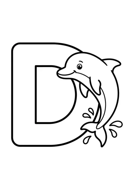 Peuter- en kleuterontwerp met een grote goed leesbare hoofdletter D en één eenvoudige dolfijn, zonder het woord Dolfijn.