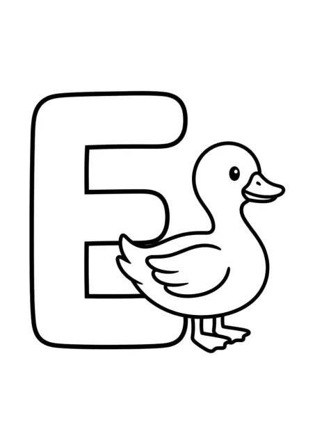 Grote, duidelijk leesbare hoofdletter E naast één eenvoudige eend, zonder het voorbeeldwoord in beeld.