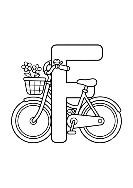 Grote hoofdletter F naast één eenvoudige fiets, als duidelijke lijntekening voor kleuters.