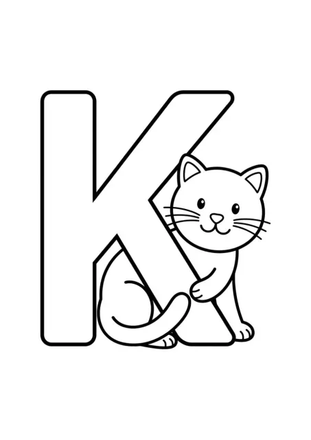 Grote duidelijke hoofdletter K met één eenvoudige kat in strakke lijntekening.