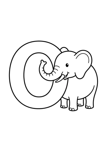 Grote, duidelijk herkenbare hoofdletter O met één eenvoudige olifant in zwart-witte lijntekening voor een Nederlandse Olifant-letterkaart.