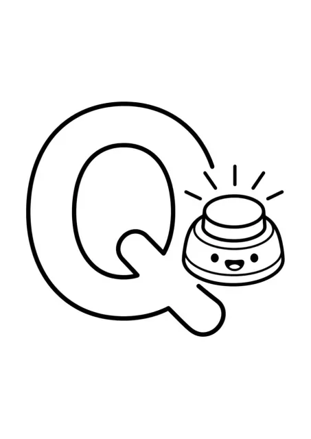 Grote duidelijk leesbare hoofdletter Q naast een eenvoudige quizzoemer als lijntekening voor kleuters