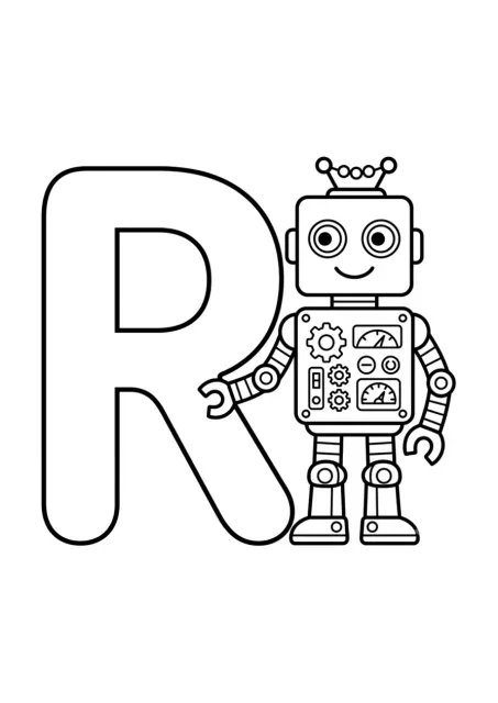 Grote, goed leesbare hoofdletter R naast één eenvoudige robot voor een kleuteractiviteit.