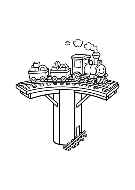 Grote, goed leesbare hoofdletter T met één eenvoudige trein in zwart-witte lijntekening zonder geschreven woord.