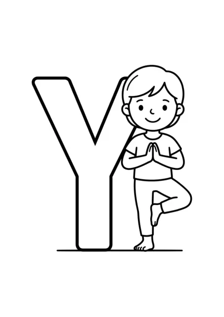Grote hoofdletter Y met één kind ernaast in een eenvoudige yogahouding voor een leerzame kleurplaat.