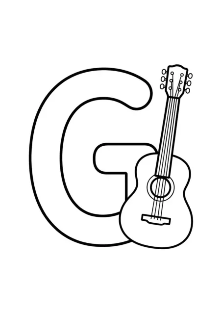 Duża, czytelna litera G oraz jedna prosta gitara, przygotowane jako przedszkolne ćwiczenie do kolorowania.