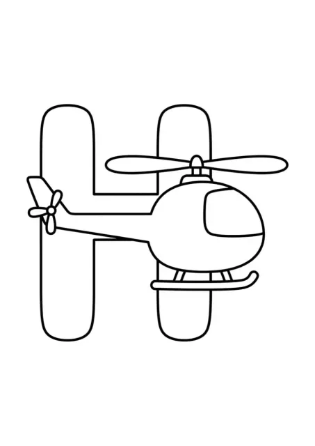 Duża czytelna litera H oraz prosty helikopter w konturowej ilustracji dla przedszkolaków