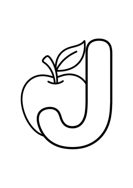 Duża, wyraźna litera J obok jednego prostego jabłka, bez zapisanego słowa.
