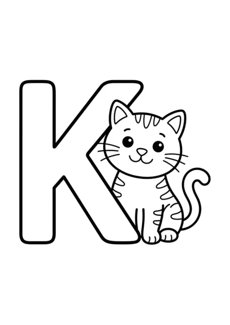 Duża litera K obok prostego kota na przedszkolnej karcie edukacyjnej.