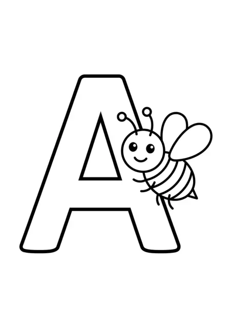 Desenho educativo com uma grande letra A maiúscula bem legível e uma abelha simples ao lado