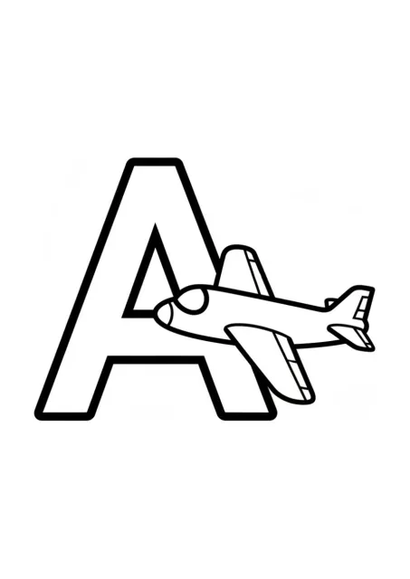 Desenho para colorir com uma grande letra A maiúscula e um avião simples com asas, cauda, janelas do cockpit e nariz, para aprendizagem do alfabeto na pré-escola.