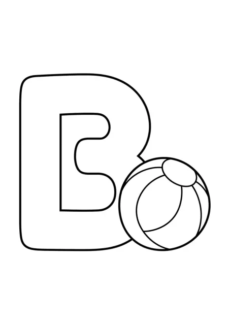 Letra B maiúscula grande ao lado de uma bola simples em um desenho educativo para pré-escola.