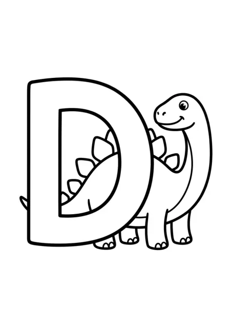 Letra D maiúscula grande e perfeitamente legível com um dinossauro simples em traços pretos sobre fundo branco