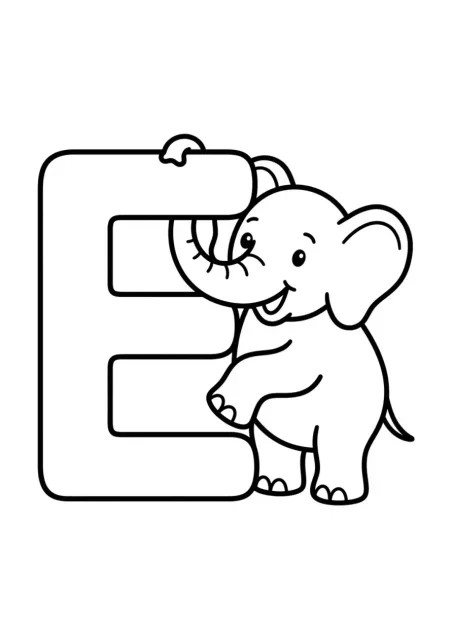 Letra E maiúscula grande e bem legível ao lado de um elefante simples para colorir.
