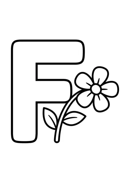Letra F maiúscula grande ao lado de uma flor simples, sem a palavra Flor desenhada.