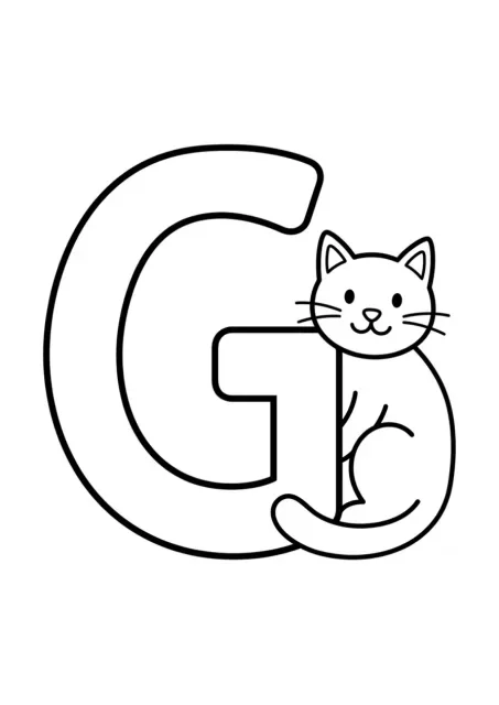 Letra G maiúscula grande, bem formada e fácil de ler, com um gato simples ao lado.